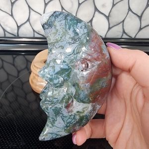 Moss Agate with Bloodstone Moon Carving